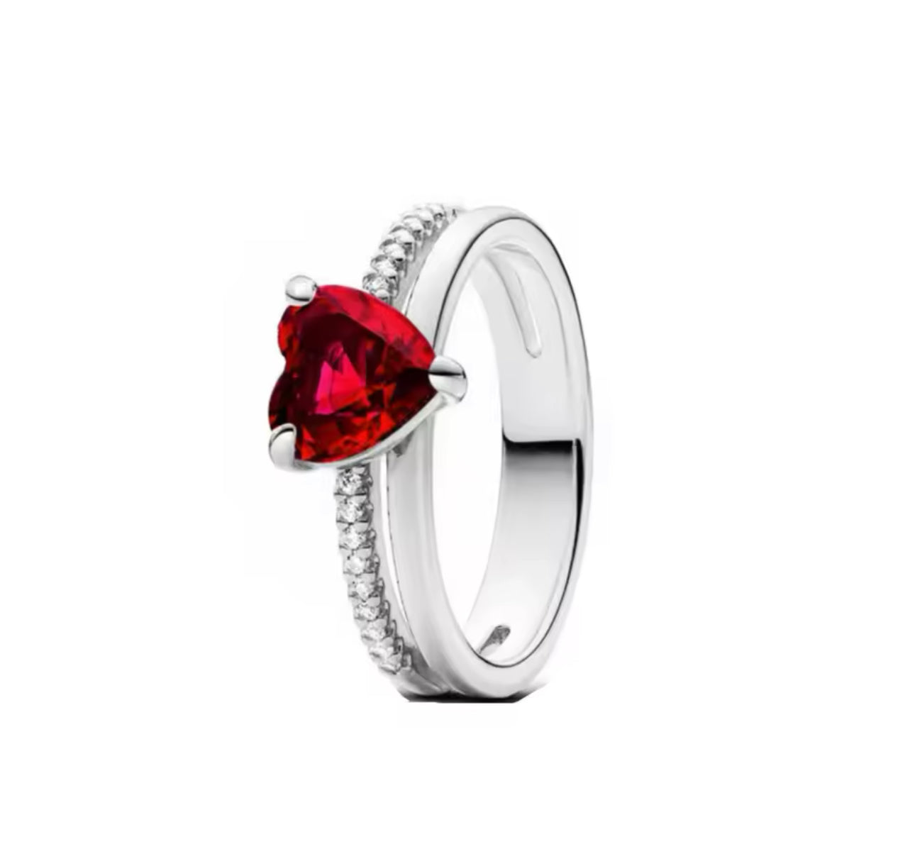 Silver Red Heart Two Band Ring