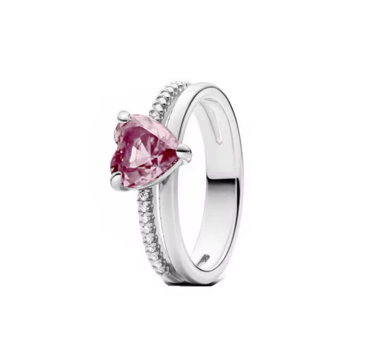 Silver Pink Heart Two Band Ring