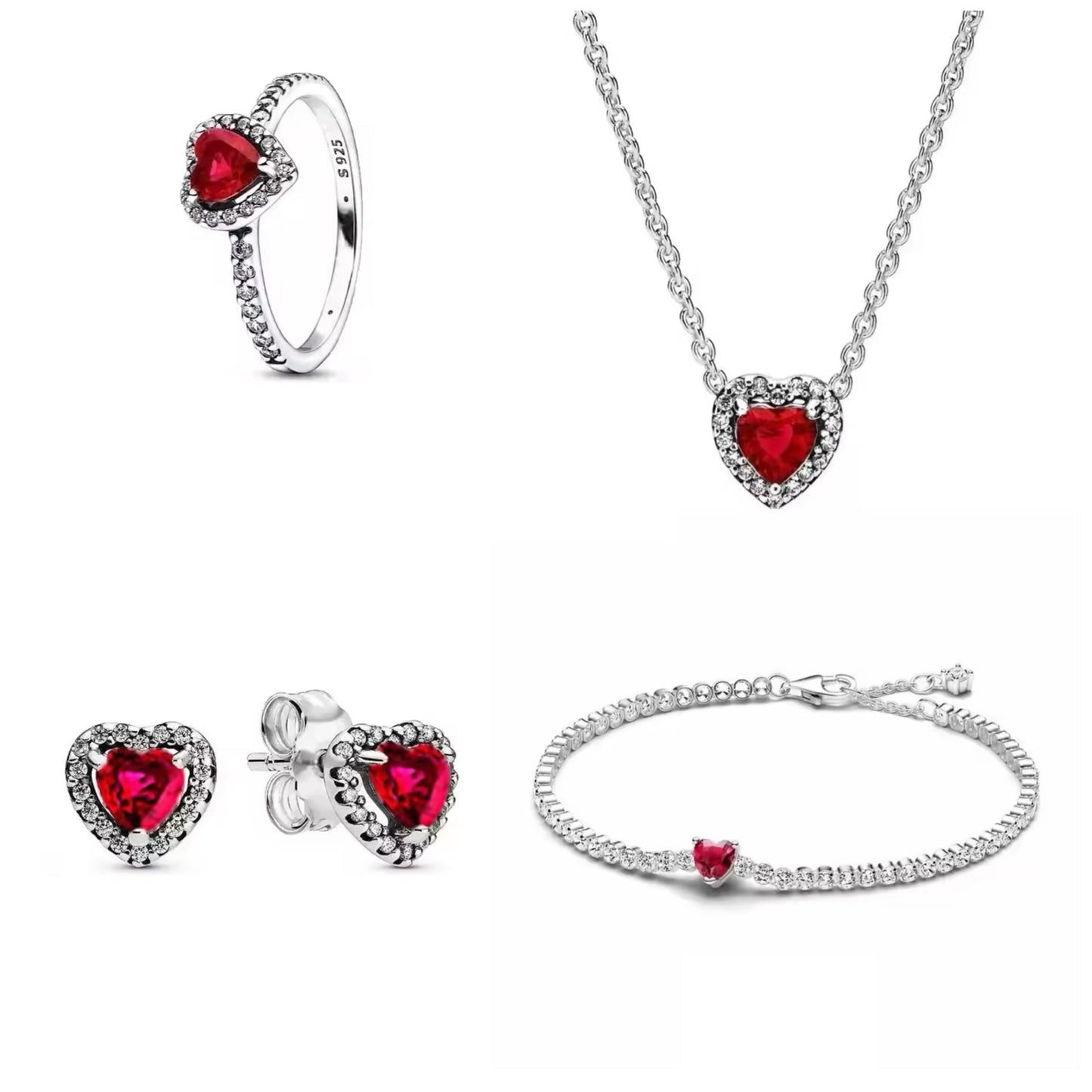 Silver Red Heart Jewellery Set