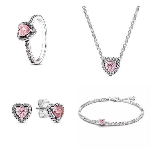 Silver Pink Heart Jewellery Set