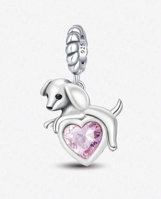 Silver Dog with Pink Heart Charm
