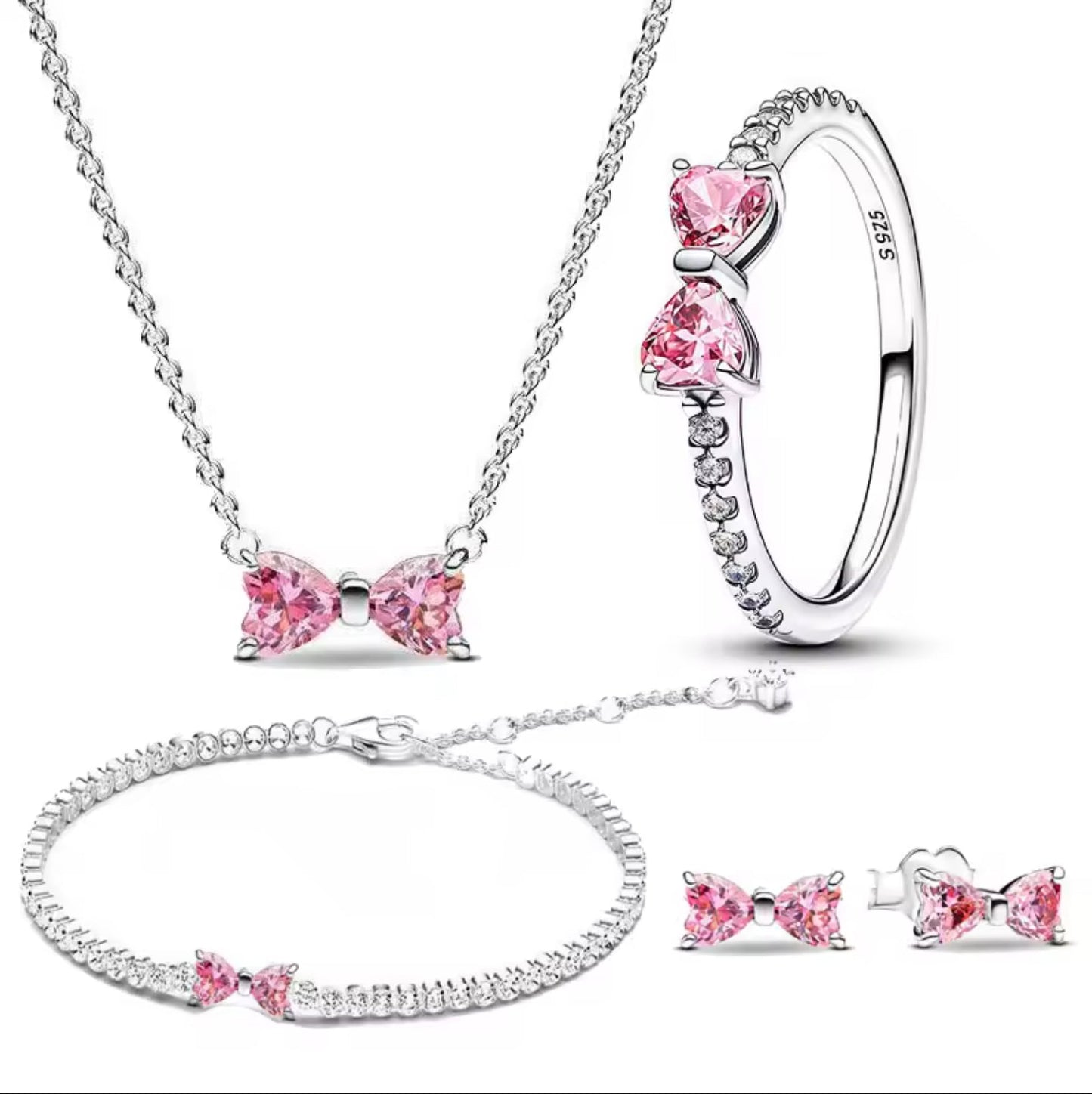 Silver Pink Bow Jewellery Set