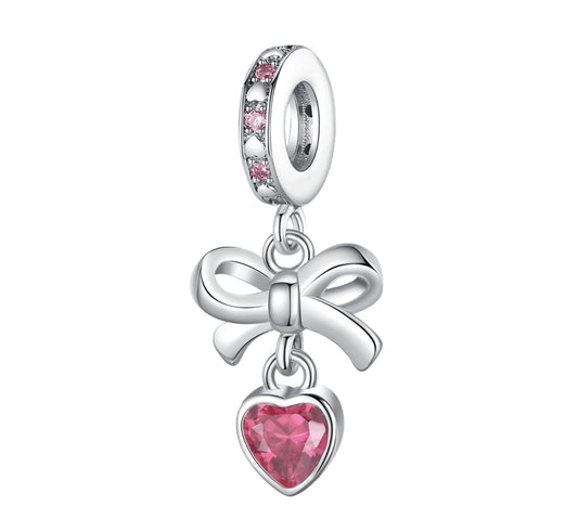 Silver Bow and Pink Heart Charm