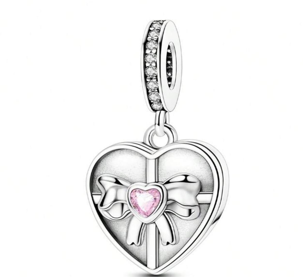 Silver Heart and Bow with Pink Heart in Centre Charm