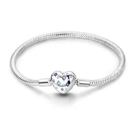 Silver Heart Clasp Charm Bracelet With Stars
