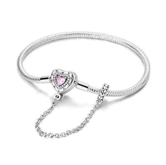 Silver Pink Heart Charm Bracelet With Safety Chain