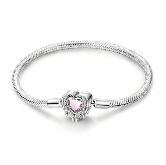 Silver Pink Heart Charm Bracelet With Safety Chain