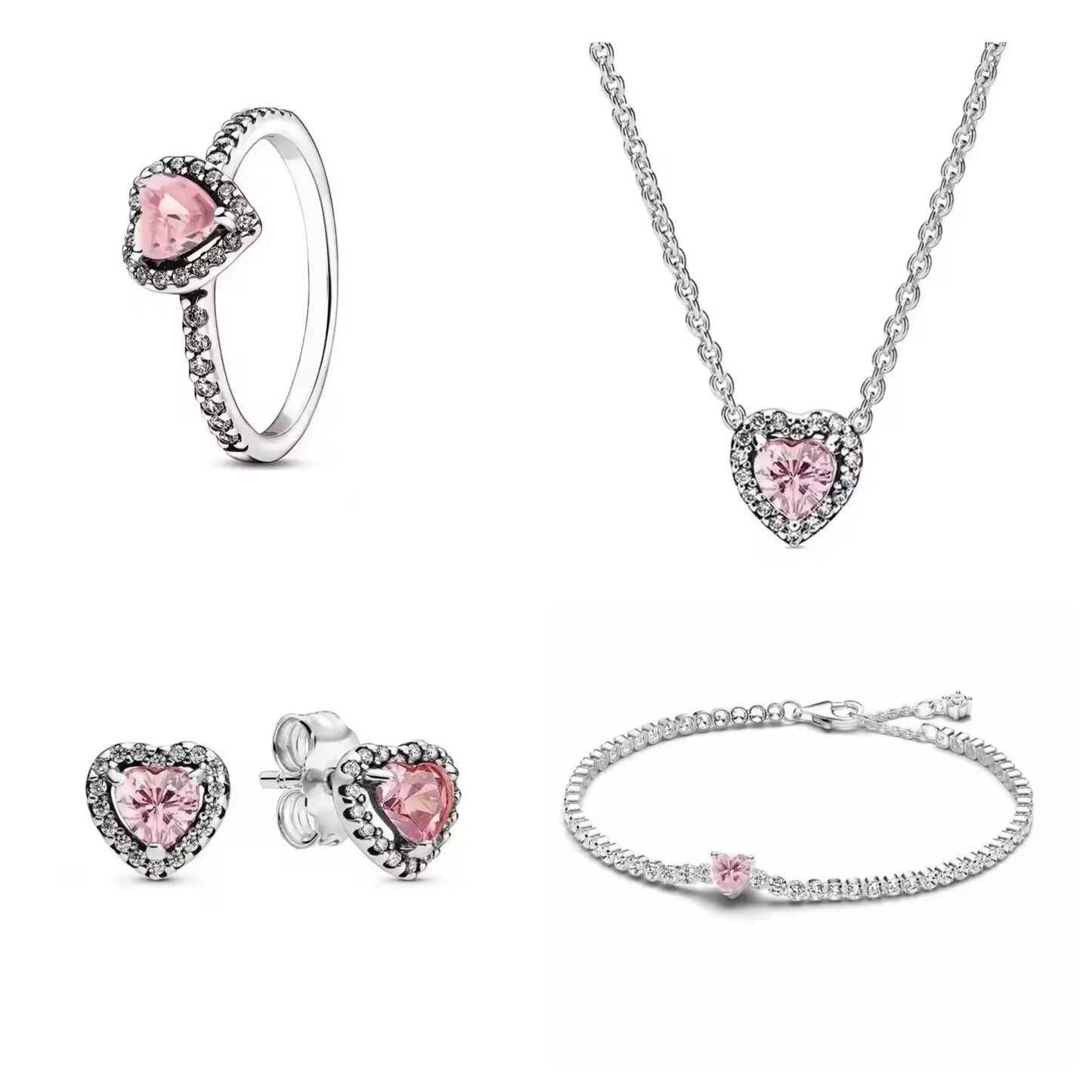 Silver Pink Heart Jewellery Set