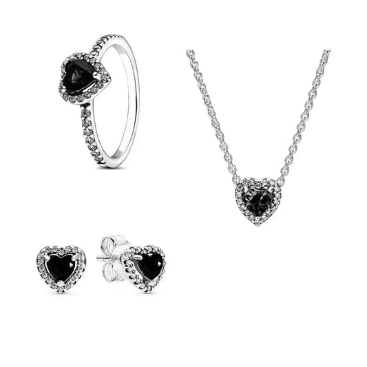 Silver Black Heart Jewellery Set