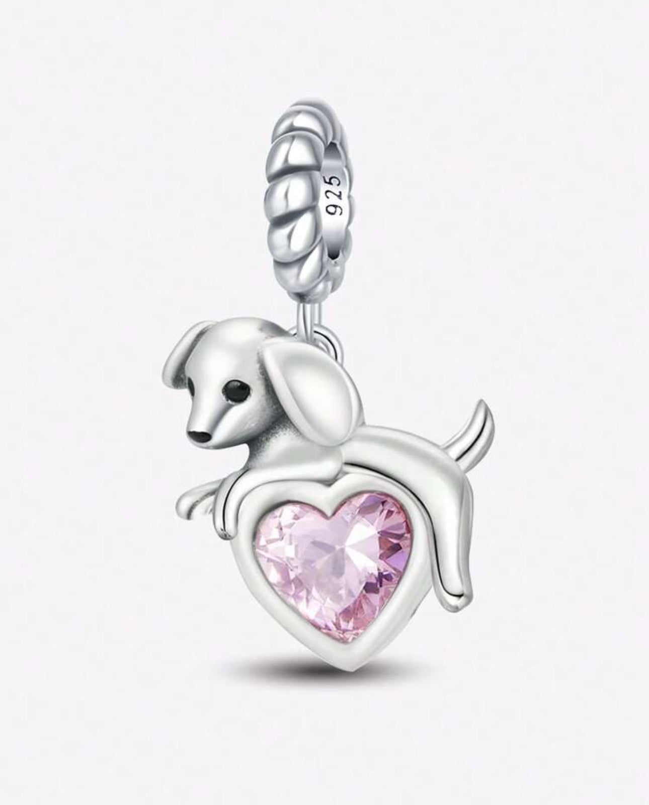 Silver Dog with Pink Heart Charm