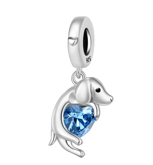 Silver Dog with Blue Heart Charm