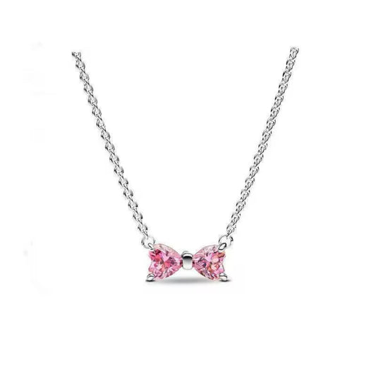 Silver Pink Bow Necklace