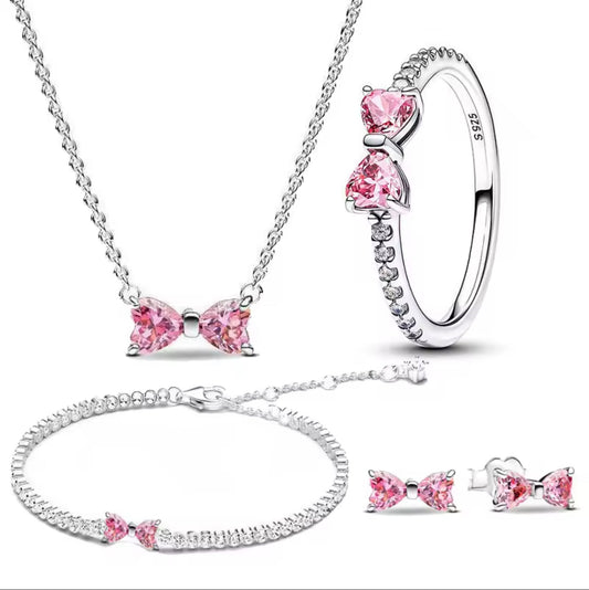 Silver Pink Bow Jewellery Set