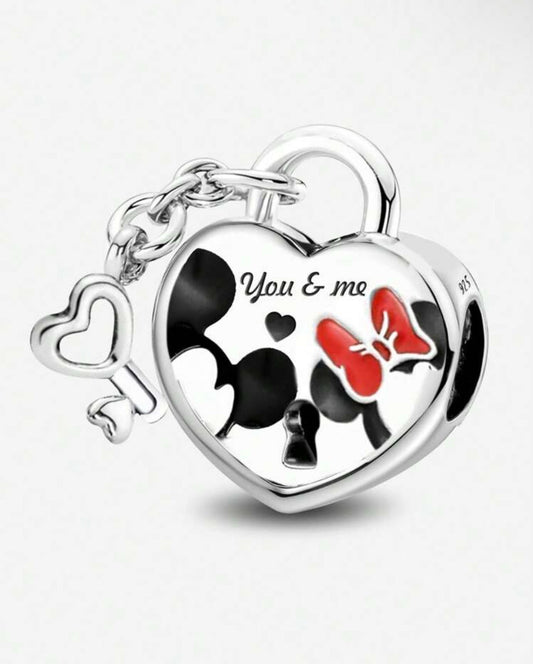Silver Mickey and Minnie Mouse Heart Charm