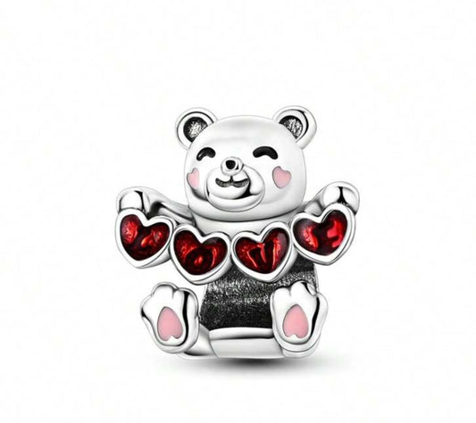 Silver Bear with Hearts Charm