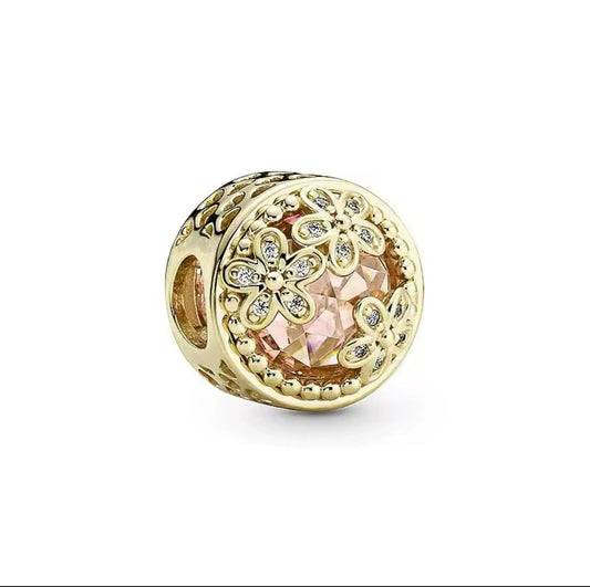 Gold Pink Circle Flower Charm