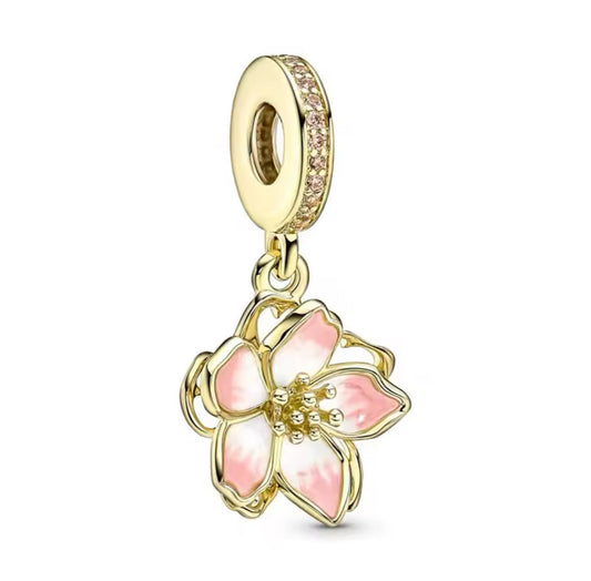 Gold Pink Flower Charm