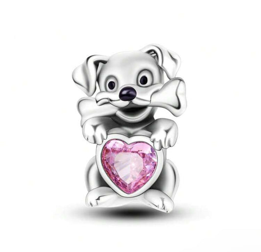 Silver Dog and Heart Charm