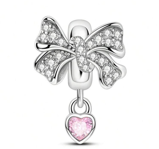 Silver Bow and Pink Heart Charm