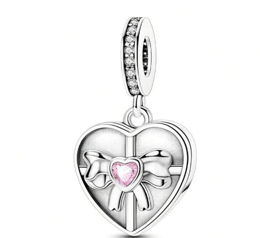 Silver Heart and Bow with Pink Heart in Centre Charm