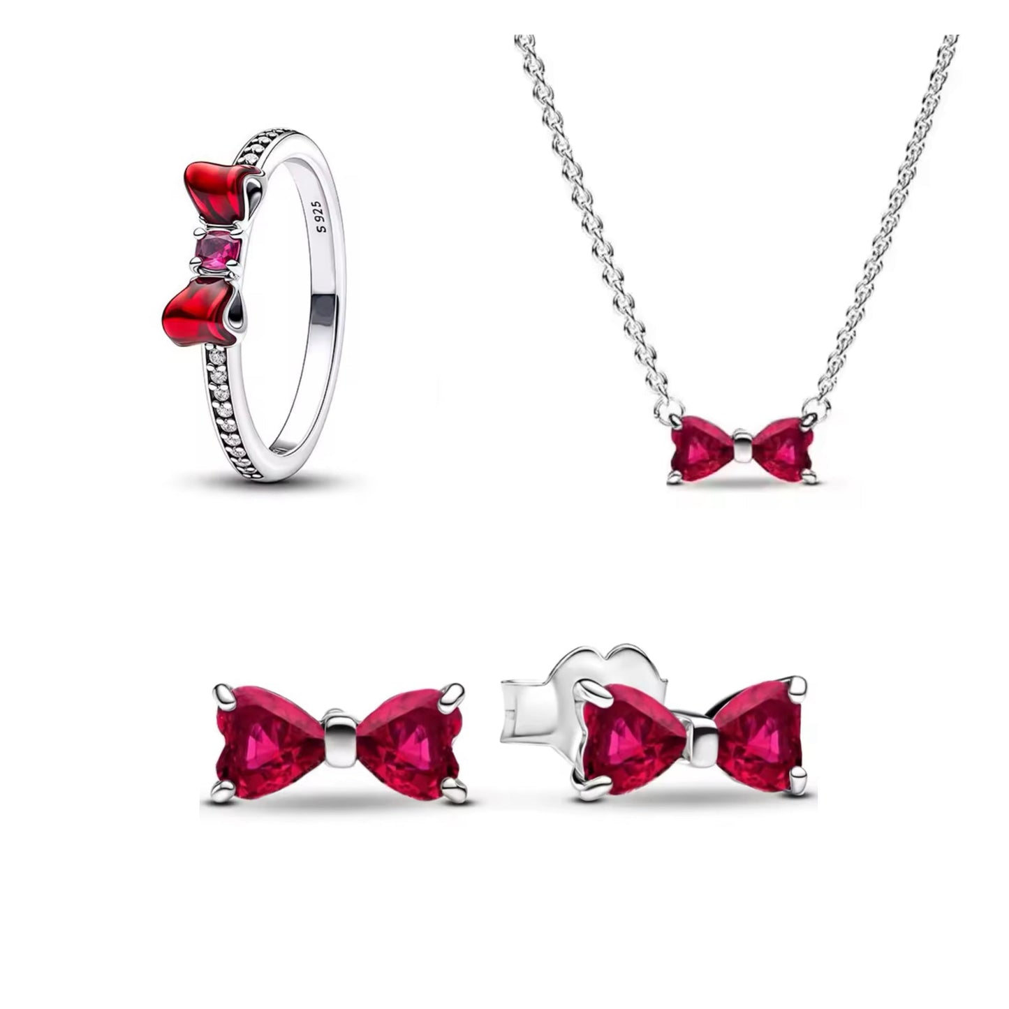 Silver Red Bow Jewellery Set