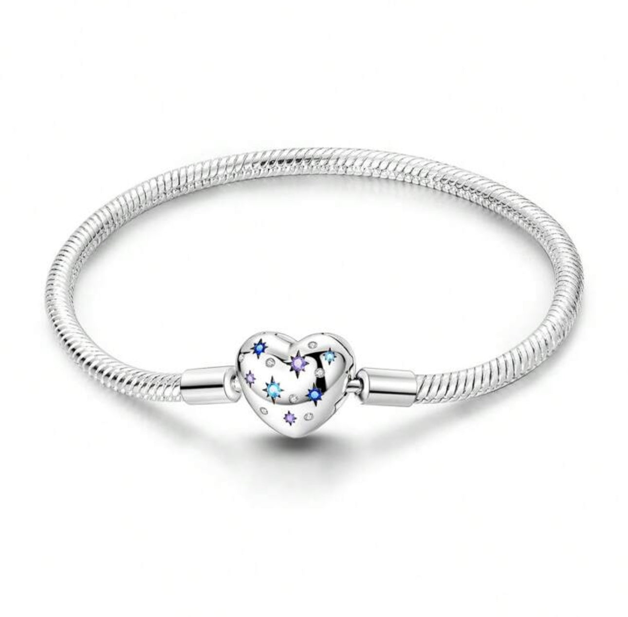 Silver Heart Clasp Charm Bracelet With Stars